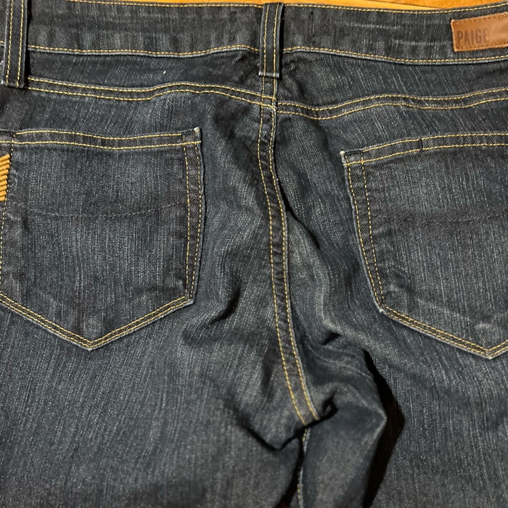 PAIGE Anthropologie Deep Dark Indigo Skyline Low Rise Bootcut Western Wide Jeans - Picture 13 of 15